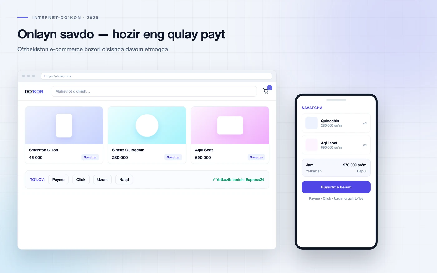 Internet-do'kon interfeysi: katalog, savat va Payme, Click, Uzum to'lov tizimlari